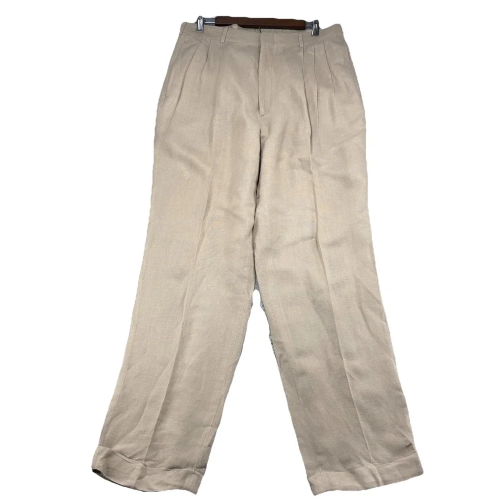Corbin OTC Pants Mens 34 Khaki Irish‎ Linen Viscose Blend Pleated Cuffed